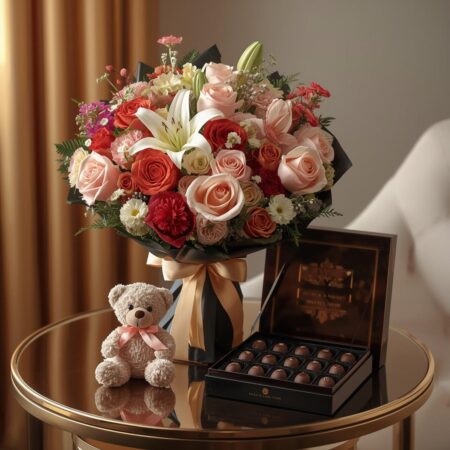 Luxury Flower Bouquet – Mixed Flowers with Chocolates, Teddy & Gift Combo (Print-F)