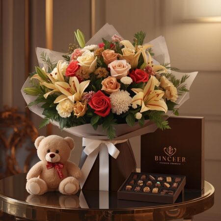 Luxury Flower Bouquet – Mixed Flowers with Chocolates, Teddy & Gift Combo (Print-F)